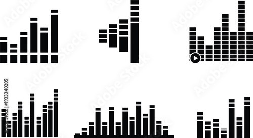Collection of six black pixel bar graphs on white background