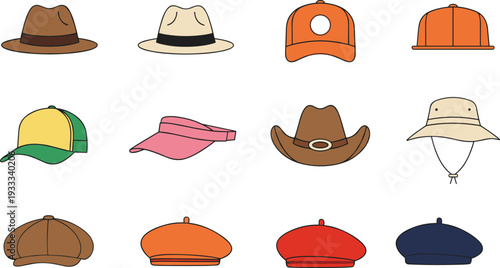 Minimalist fashion hat vector set featuring fedoras baseball caps berets and sun hats in clean black line art style