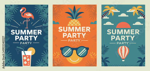 Retro Flat Summer Disco Party Poster Set – Vibrant Vector Illustration with Summer Attributes, 70s Inspired Music Event Flyers and Seasonal Celebration Design