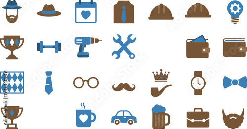Minimalist Father's Day vector set featuring masculine lifestyle icons tools ties and trophies in blue and brown