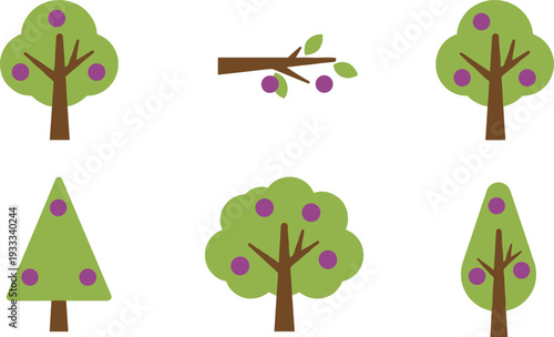 Minimalist fruit tree vector set featuring various green canopy shapes with purple fruit in flat design