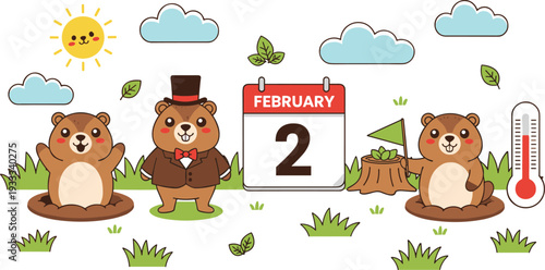 Minimalist Groundhog Day vector set featuring cute groundhog mascots February 2nd calendar and seasonal weather icons