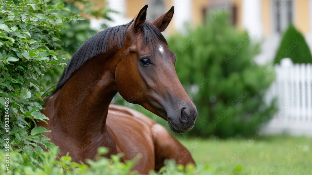 Obraz premium Elegant brown horse resting in lush green garden outdoors