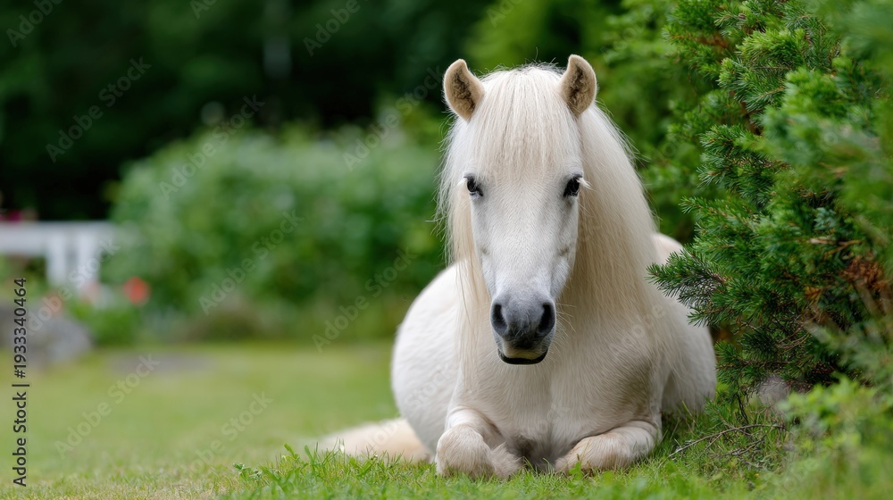Obraz premium White pony resting on lush green grass in peaceful garden scene