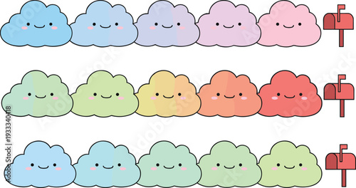 Minimalist kawaii cloud character vector set featuring smiling colorful clouds and red mailboxes in clean black line art