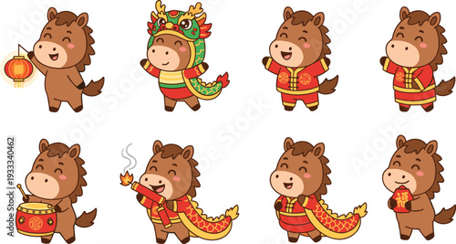Minimalist Lunar New Year vector set featuring cute zodiac horse characters in traditional festive costumes and poses