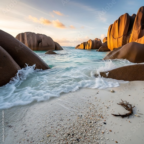 Tropical beach with large granite boulders at sunset.