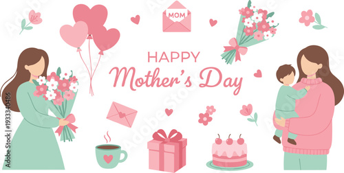 Minimalist Mother’s Day vector set featuring mother and child illustrations floral bouquets and heart balloons