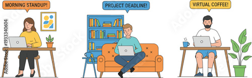 Minimalist remote work vector illustration set featuring people using laptops and home office furniture in clean line art