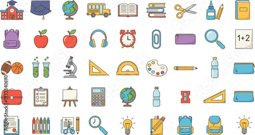 Minimalist school supply vector set featuring colorful backpacks stationery notebooks and pencils in clean black line art