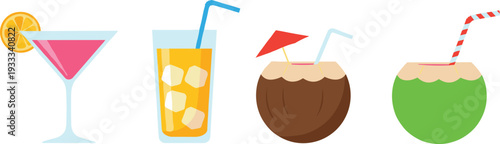 Minimalist summer cocktail vector set featuring pink martini iced orange juice and tropical coconut drinks in flat design