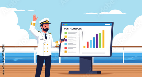Captain presenting port schedule and financial data on a screen.
