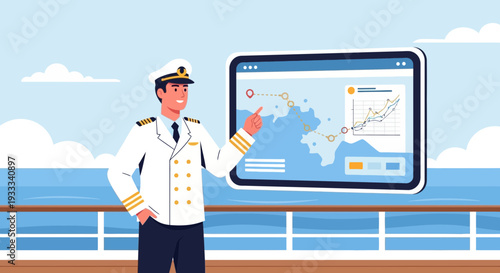 Captain presenting navigation data on a digital tablet screen.