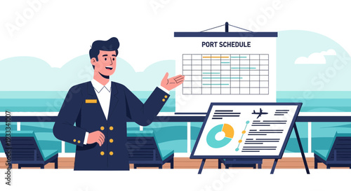 Man in uniform presenting port schedule and business analytics.