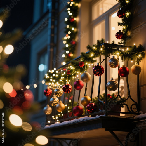 Wallpaper Mural Brightly colored Christmas balls hang from a winter balcony, illuminated by soft lights. The chilly night air is festive, wrapping the scene in joy and holiday spirit Generative AI Torontodigital.ca