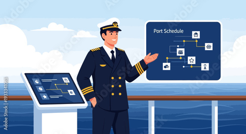 Ship Captain Explaining Port Schedule on Cruise Ship Deck.