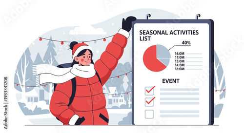 Woman in winter clothes pointing at seasonal activities list.