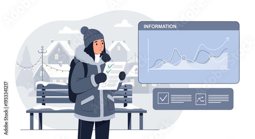 Woman in winter coat checking information on screen.