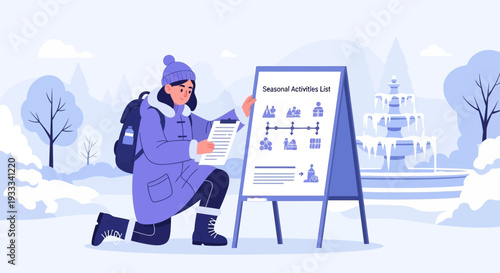 Woman in winter coat studying information board outdoors.