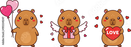 Minimalist vector set featuring cute capybara mascots in romantic poses with heart balloons and gifts in clean line art