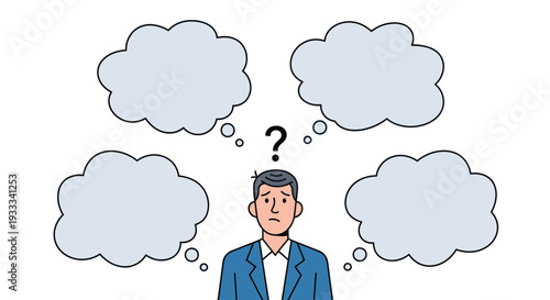Man with thought bubbles and a questioning expression
