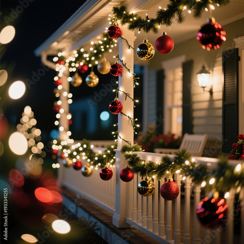 Wallpaper Mural Brightly colored Christmas balls and sparkling lights adorn a charming terrace, filling the night with holiday cheer and warmth during the festive season Generative AI Torontodigital.ca
