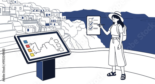 Woman tourist interacting with interactive map kiosk.