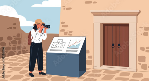 Woman Tourist Photographing Information Display Board.
