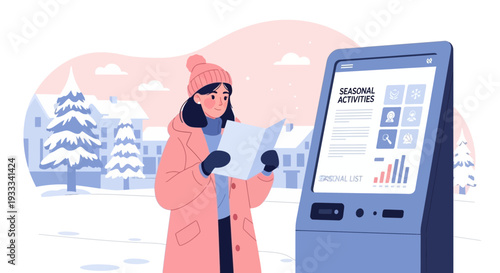 Woman Using Interactive Kiosk in Snowy Outdoor Setting.