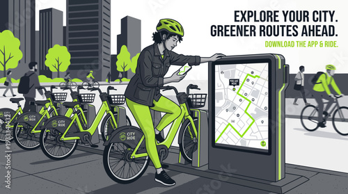 Woman using interactive map at bike share station.