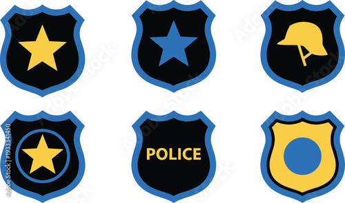 Minimalist vector set featuring police badges and law enforcement shield emblems with stars and helmet icons
