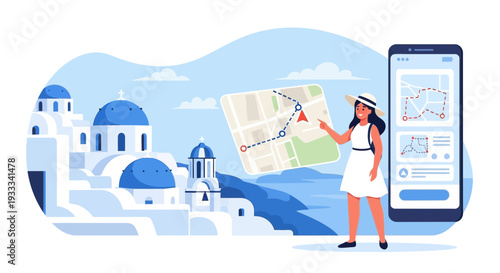 Woman with Map and Smartphone in Santorini.