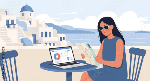 Woman working on laptop at outdoor cafe with map.