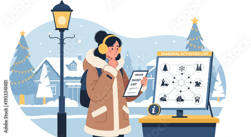 Woman with tablet and headphones in winter.