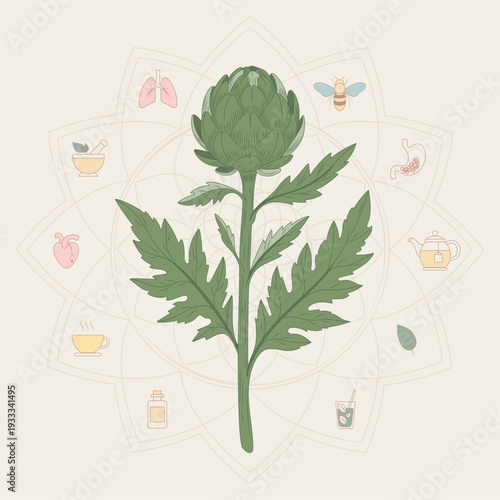 Botanical vector illustration of a fresh artichoke flower in a soft herbal style
