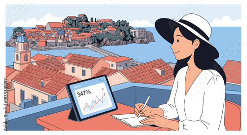 Woman working remotely with laptop and notebook on a balcony overlooking a coastal town.