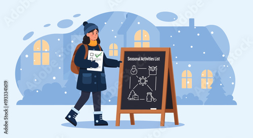 Young Woman Holding Flyer Next to Chalkboard Advertisement.