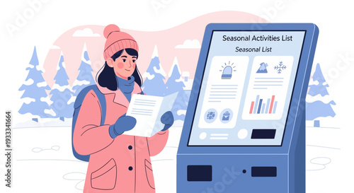 Young woman in winter clothing checking information kiosk screen.