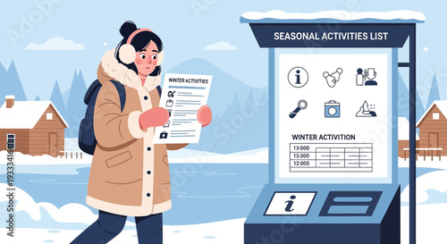 Young woman in winter coat reading seasonal activities list.