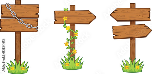 Rustic wooden signpost vector set with flowers and chains for outdoor wedding directional signs garden path markers and farm park information boards