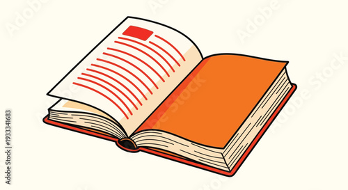 An open book with orange cover and red lines on the page