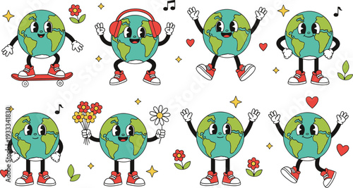 Vintage cartoon Earth character collection with happy planet mascots holding flowers and celebrating in classic rubberhose art style