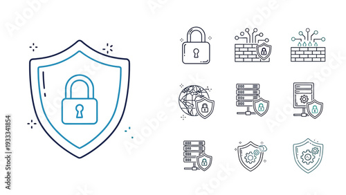 Collection of minimalist line icons depicting digital security concepts including shields, padlocks, firewalls, and global data protection systems for network defense.