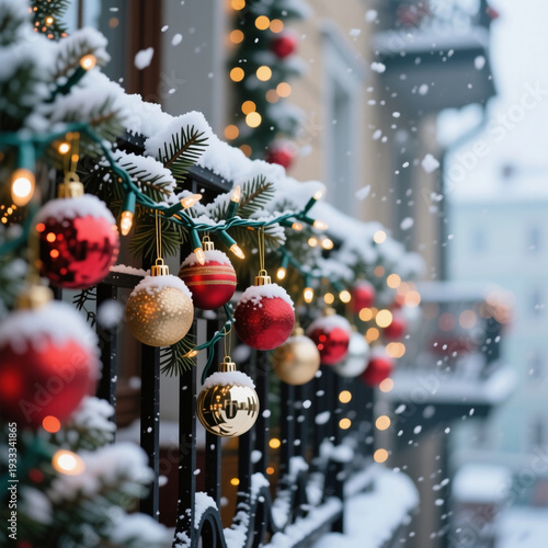 Wallpaper Mural Delicate Christmas balls hang from a balcony railing, surrounded by fresh snow. The scene sparkles with twinkling lights, creating a magical winter wonderland Generative AI Torontodigital.ca