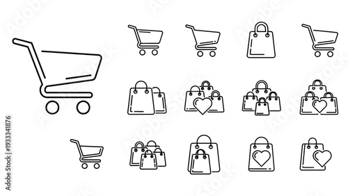 Outline collection featuring various shopping carts and stylized retail bags, including symbols of preference and multiple item icons for e-commerce design