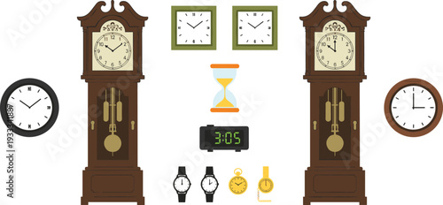 Vintage grandfather clock and antique pocket watch vector illustration set in hand drawn line art style for classic interior design and history projects