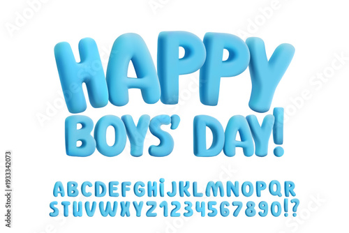 3D inflatable blue balloon font, bubbly alphabet letters and numbers. Cute plump Y2K typography for kids nursery, sweet posters. Joyful colorful game titles, playful education element, fun poster abc