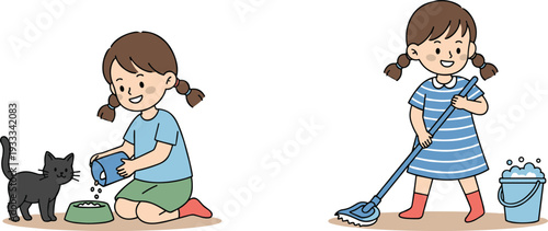 Cute little girl doing household chores feeding pet cat and sweeping floor vector illustration set for kids responsibility chart and daily routine design