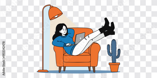 Woman Relaxing Laptop Armchair Home Office Cozy, Cartoon Woman Legs Up Laptop Relaxing Chair