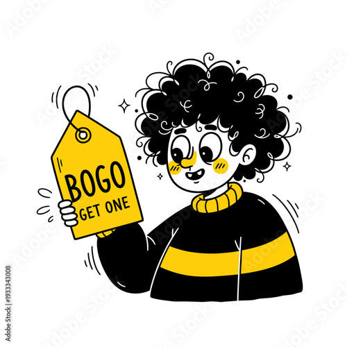 Cartoon Girl Holding Yellow Discount Tag.